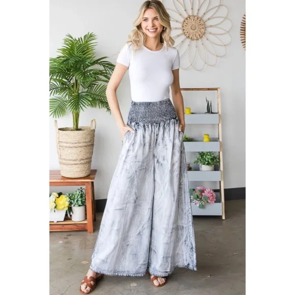 SOLD OUT Bleach Washed Gray Wide Palazzo Leg Tencel Casual Smocked High Waist - Picture 2 of 7